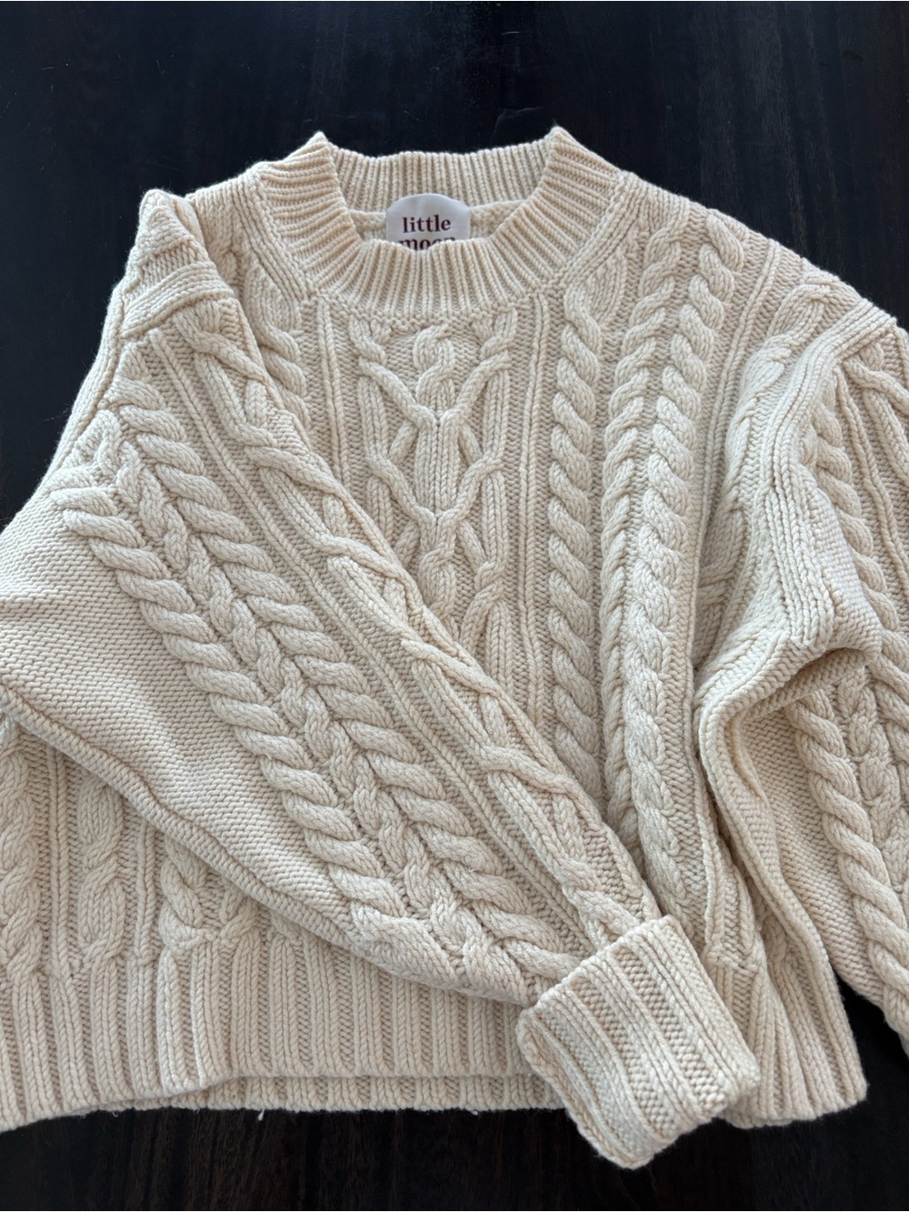 Little Moon Cream Wool Cable-Knit Crewneck Sweater Cropped